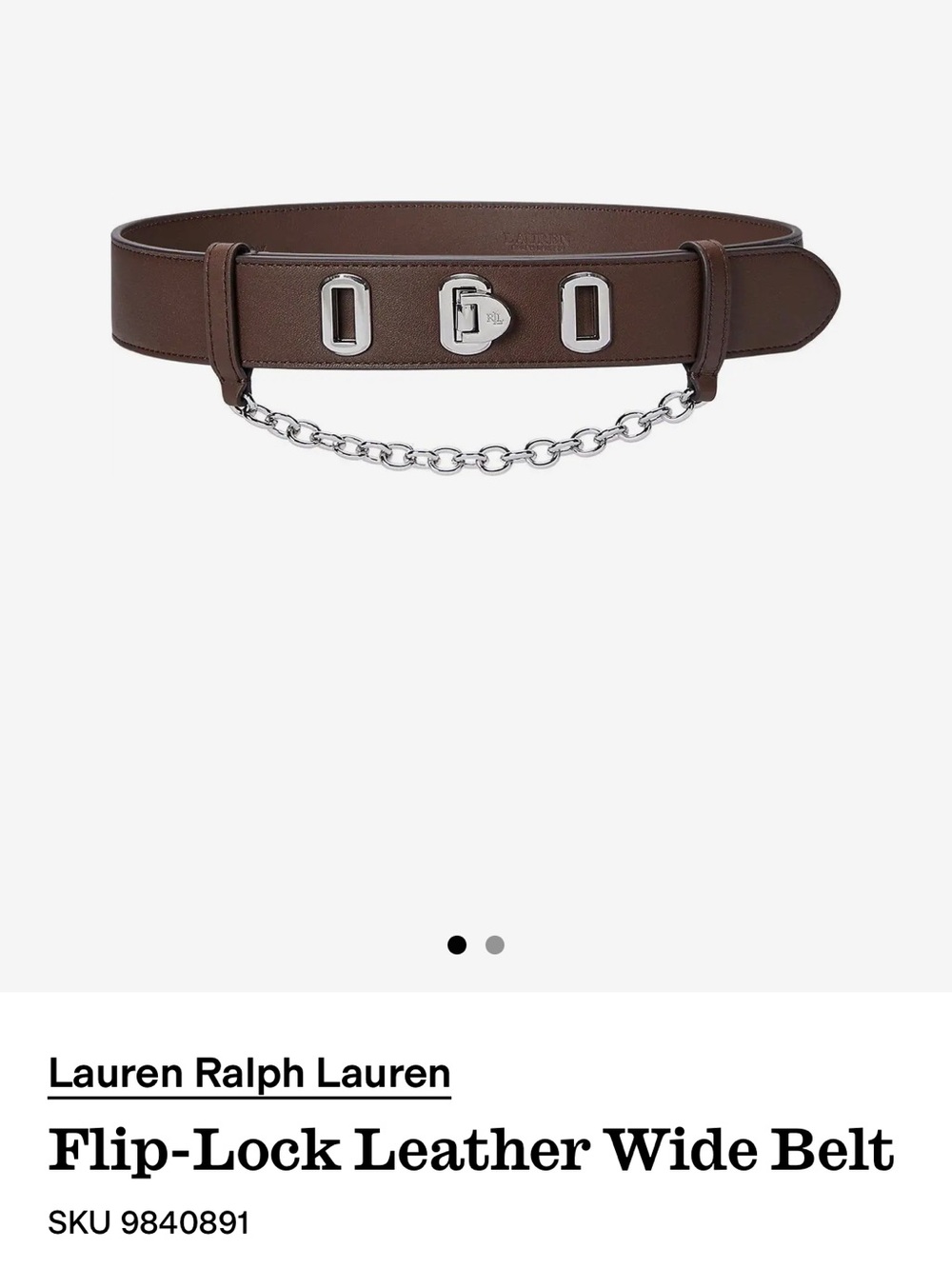 Lauren Ralph Lauren Brown Leather Wide Belt with Silver Chain Detail - Picture 2 of 4